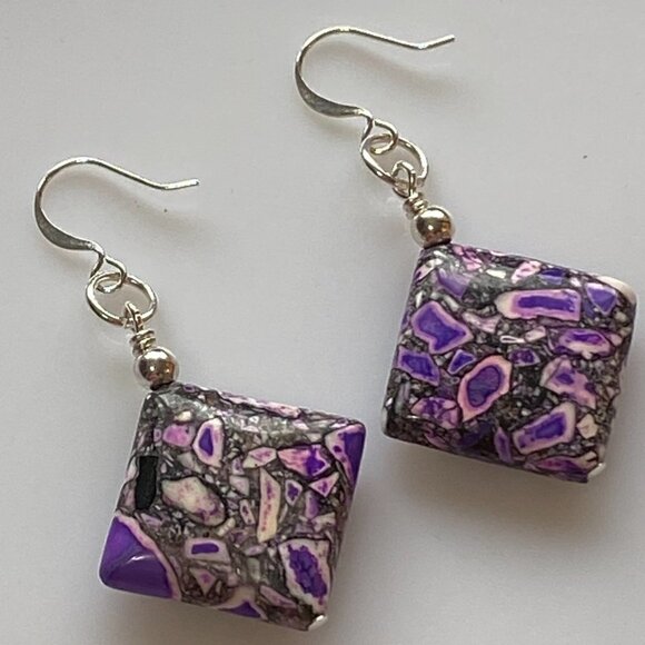 ❤️ Purple Sea Sediment Jasper Square Earrings - Picture 8 of 11
